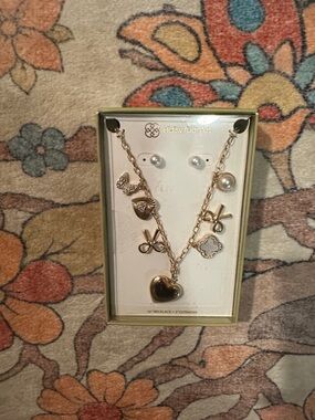 Daisy Fuentes Gold-Tone Heart & Charm Necklace with Pearl Studs